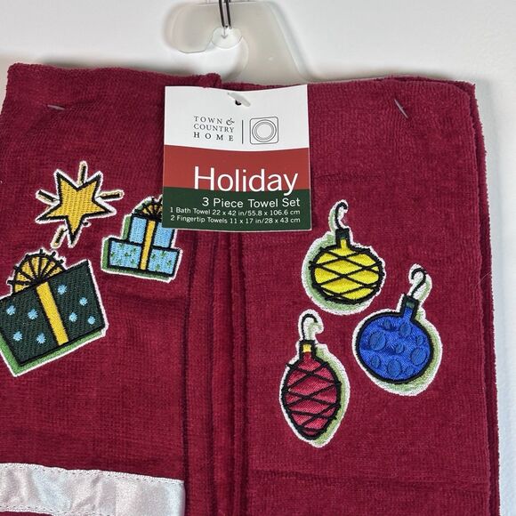 Town & Country Home Holiday Jingle Bell 3 piece Towel Set Retro Christmas Design - Picture 3 of 8